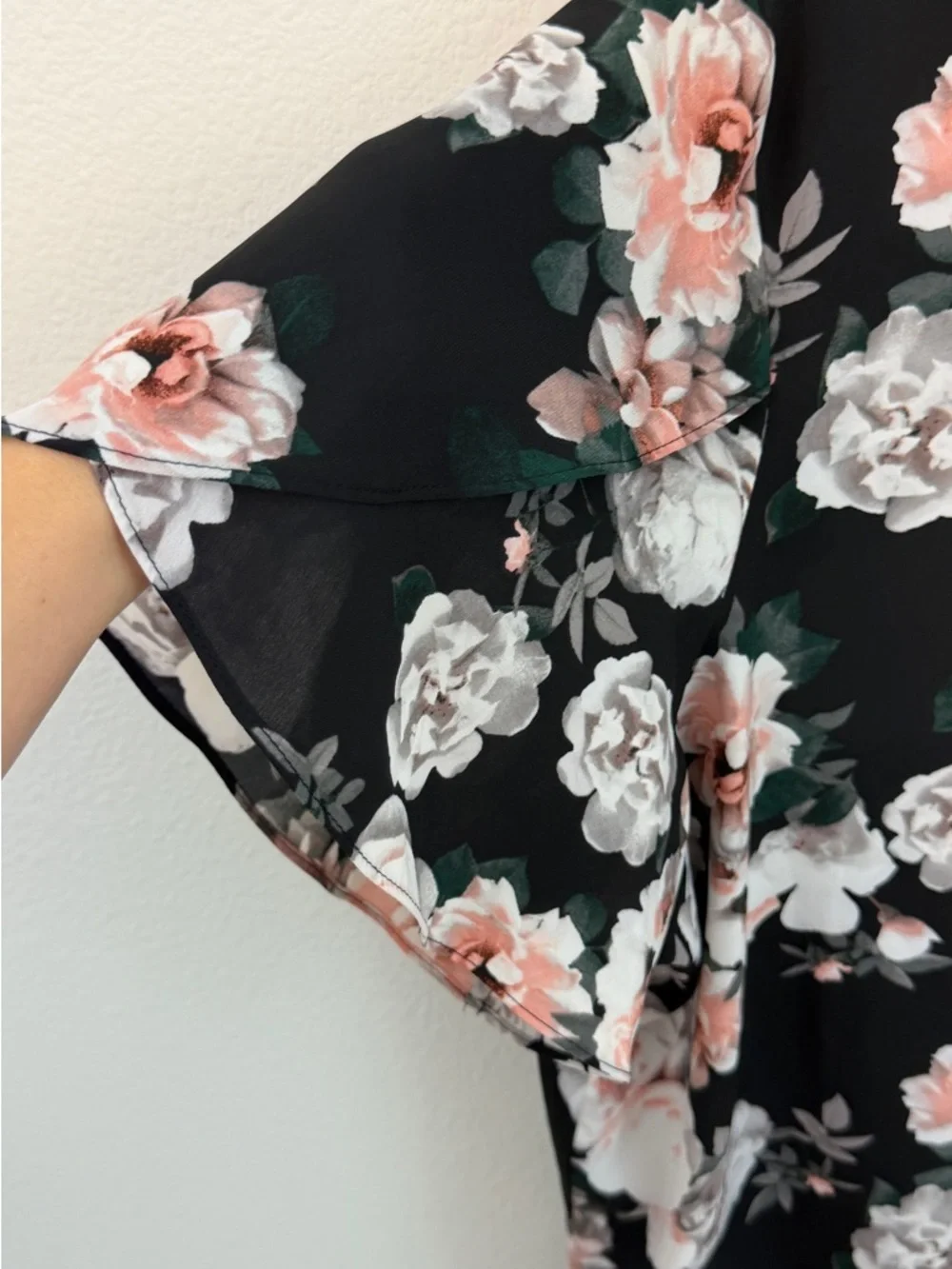 Calvin Klein Black Floral Wrap-Style Flutter Sleeve Blouse - Picture 3 of 9